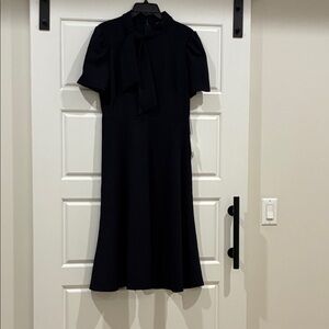 Maggy London Short Sleeve Necktie Navy Midi Dress